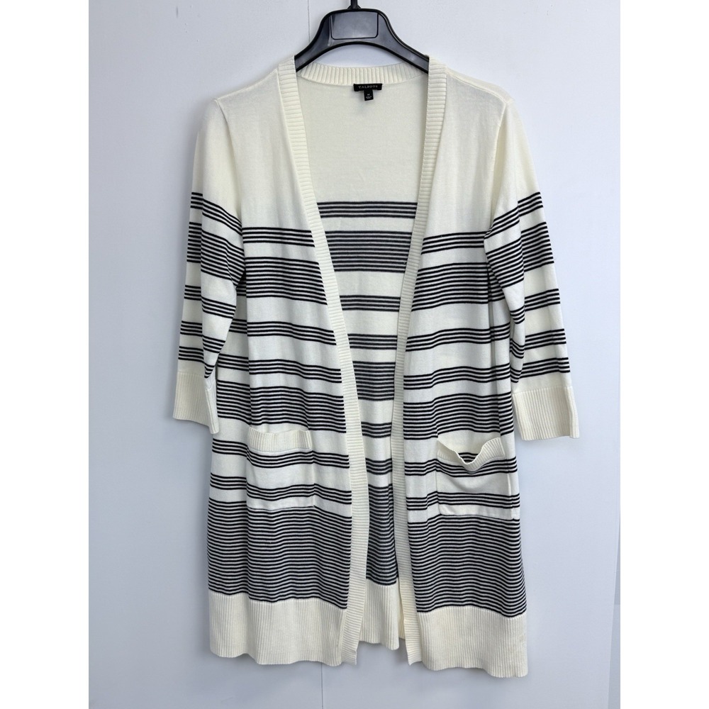 Talbots Sweater Open Cardigan Women's Size M Cream/Navy Striped Pima Cotton‎